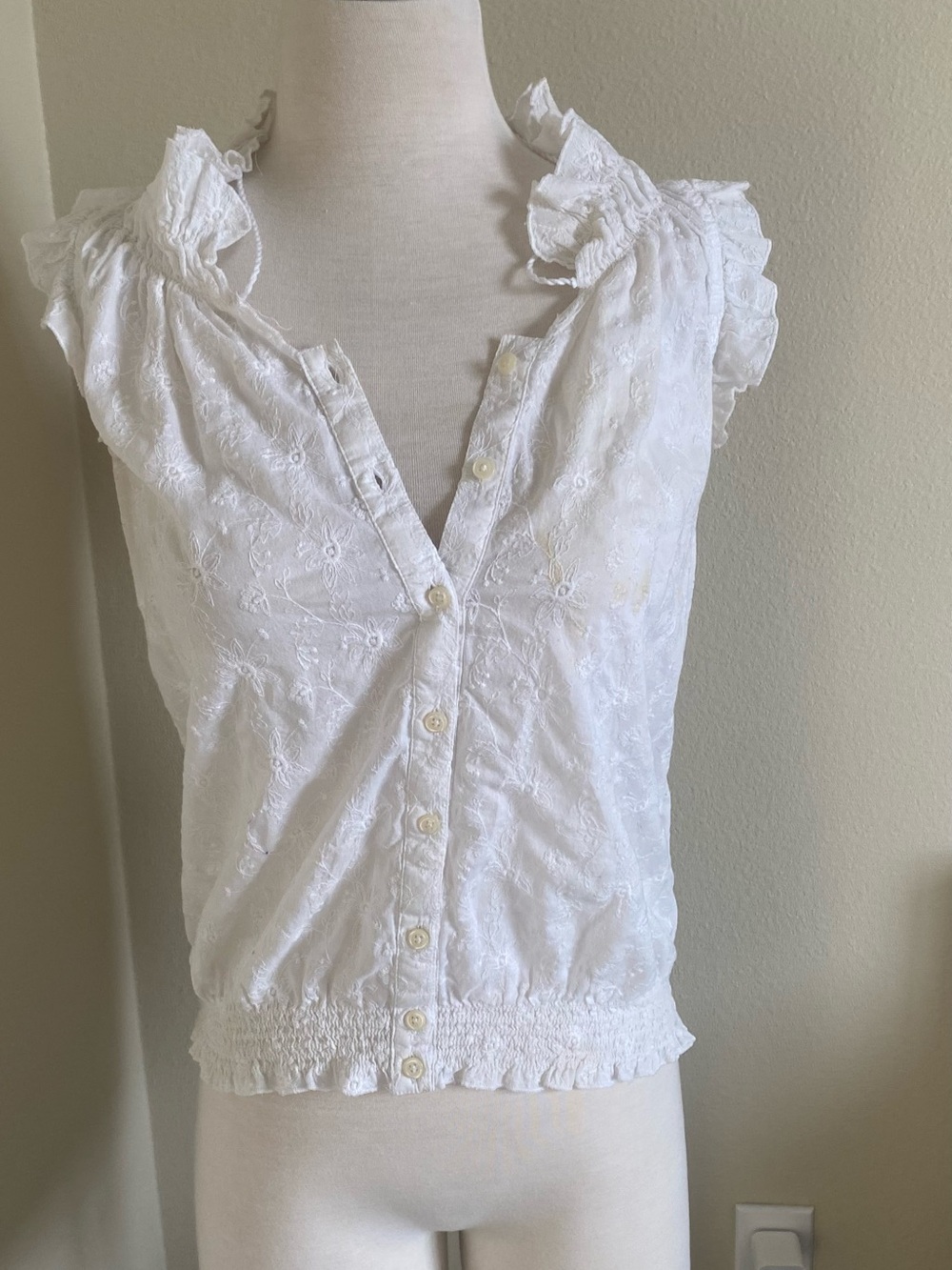 LOFT White Eyelet Ruffle Button-Front Blouse